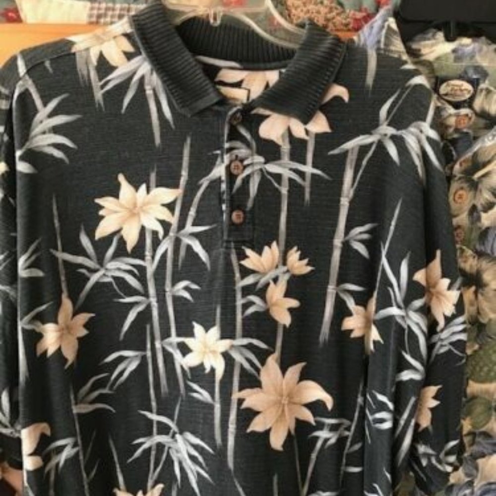 TOMMY BAHAMA * 3-button Dark GRAY BAMBOO print POLO Shirt * silk/cotton * sz L